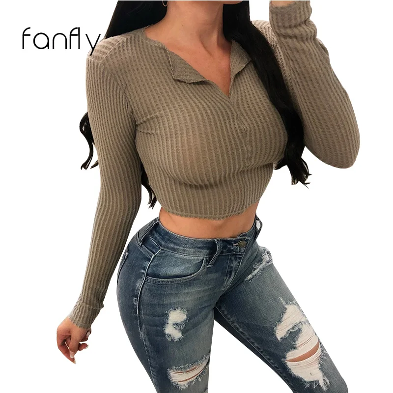

Harajuku Sweater Women Pullover Knitted Solid Casual Cropped Top Long Sleeve Women Sweaters V Neck Women Clothes 2018 SJ144F