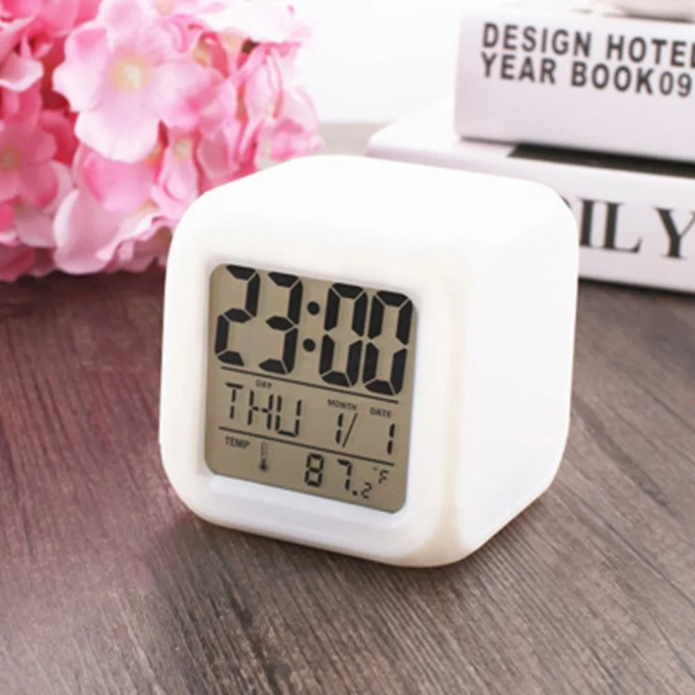 Portable Lovely Fashion 7 Colors Change Square Digital Alarm Clock with LCD Screen Display Luminous Mode Home Office Use