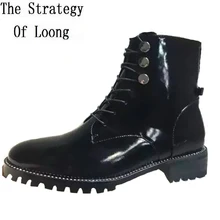 Женские Теплые ботильоны из лакированной кожи на шнуровке с плюшевой подкладкой модные Демисезонные ботинки на низком каблуке с круглым носком без плюша 0221