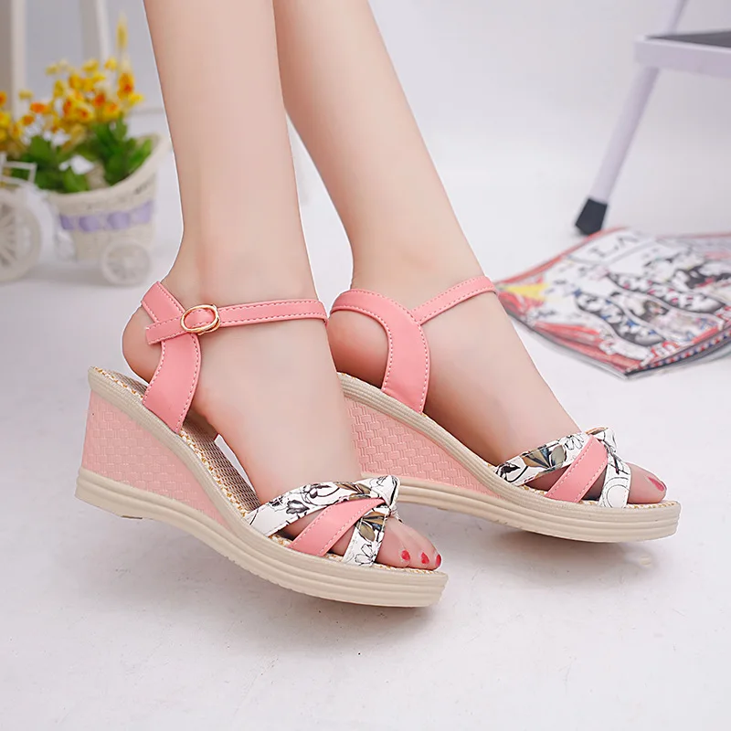 

2019 fashion women's summer women's sandals open toe color printing flat bottom wedge sandals