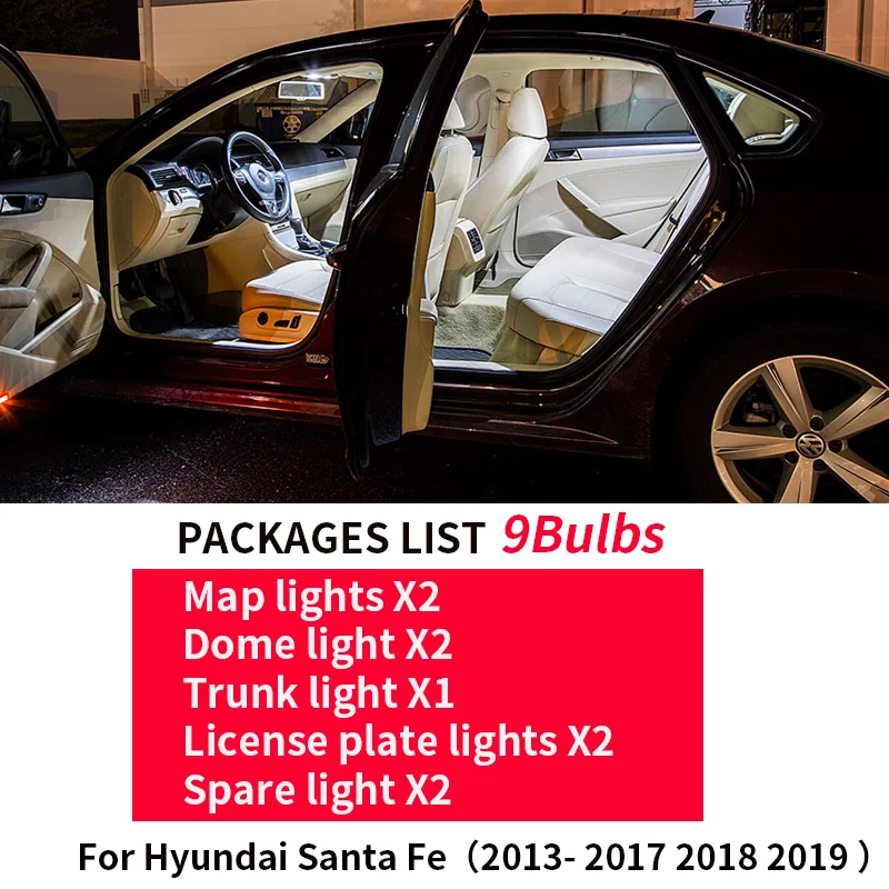 9X белые светодиодные с CANBUS салона комплект ламп для 2013- hyundai Santa Fe светодиодная гирлянда для внутреннего купола подсветка багажника