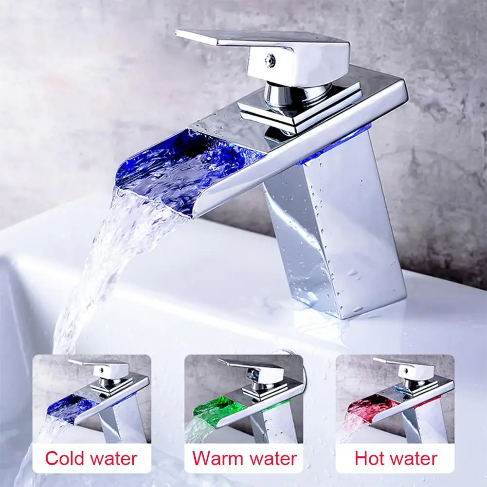 

Temperature-control 3 Colour Copper LED Faucet Luminous Waterfall Tap Bathroom Taps Basin Mixer