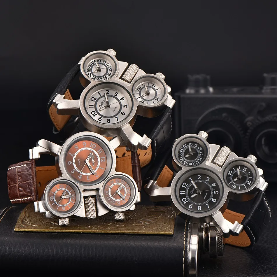  Mens Watches Oulm Top Brand Luxury Military Quartz Watch Unique 3 Small Dials Leather Strap Male Wr