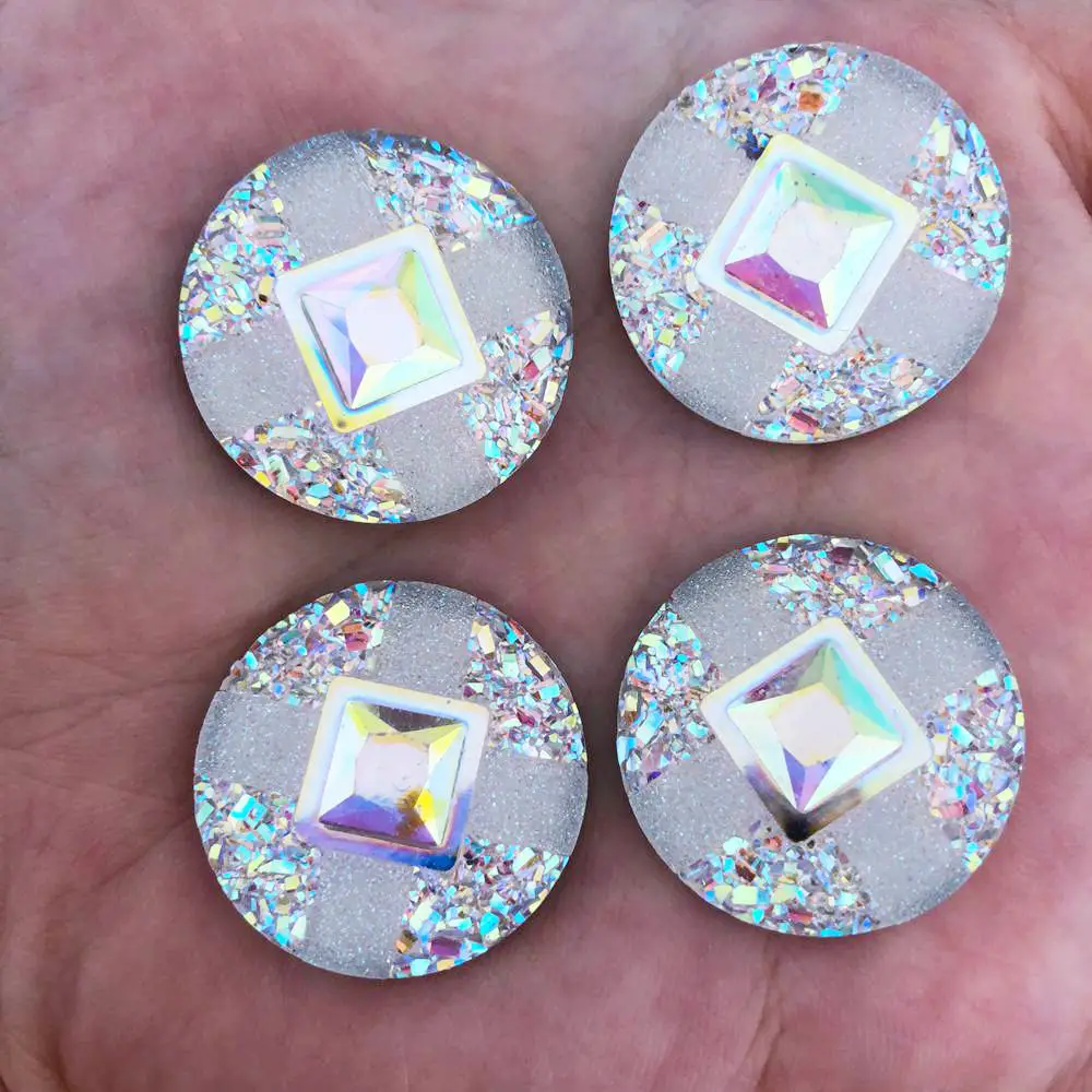 

New DIY 6PCS 25mm AB Resin Round Flatback Rhinestone Wedding Buttons White F268