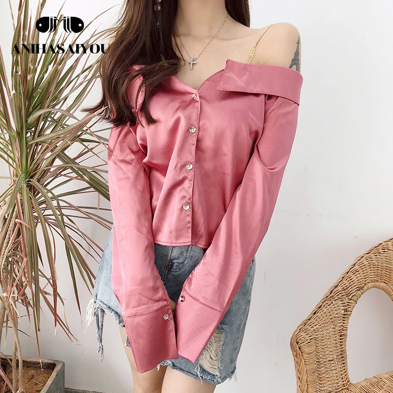 Fashion camisa feminina temperament sexy shirt strapless strap satin long sleeve Top one shoulder Blouse loose solid color Blouses