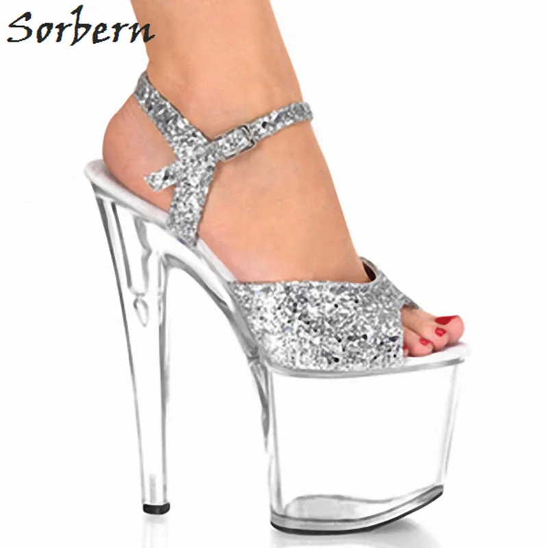 Sorbern Silver Sequins Ankle Straps Clear Ultra High Heels 20Cm