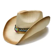 Ретро Женская Мужская Унисекс летняя Соломенная пляжная ковбойская Западная пастушка фетровая шляпа знак мира бусы из бирюзы кожаный ремешок 58 см