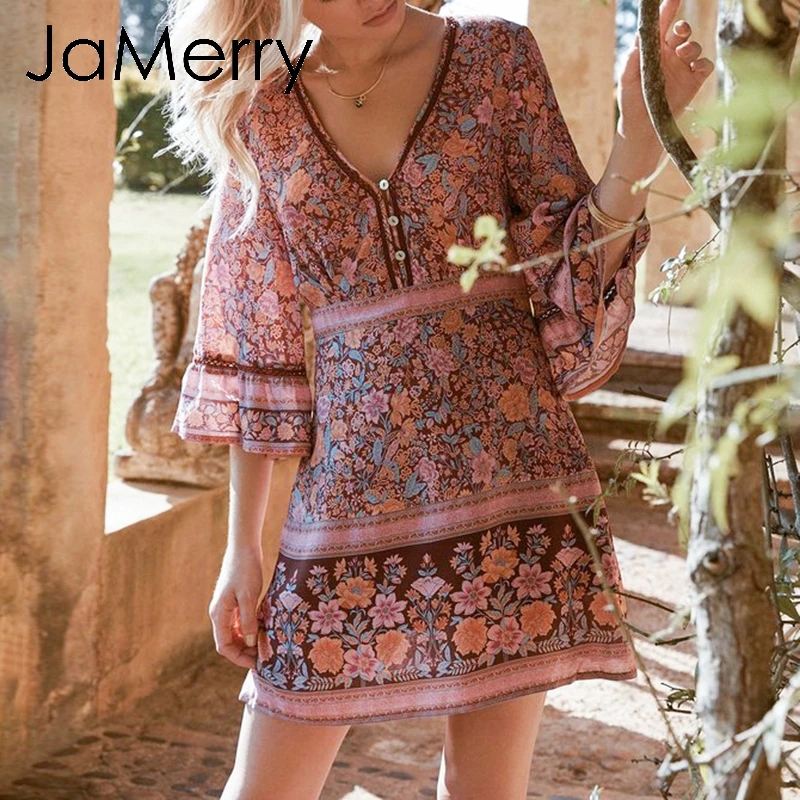 JaMerry Boho vintage сексуальные мини короткое платье женские богемные рукав фонарик
