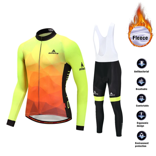 Men's Winter Thermal Cycling Clothing Set Bicycle Fleece Jersey Suits Long Sleeve Jersey With