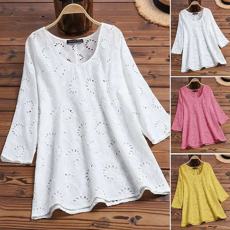 ZANZEA Summer Embroidery Shirt Women Elegant V Neck 3/4 Sleeve Cotton Linen Tops Party Casual Blusas Vintage Work OL Blouse