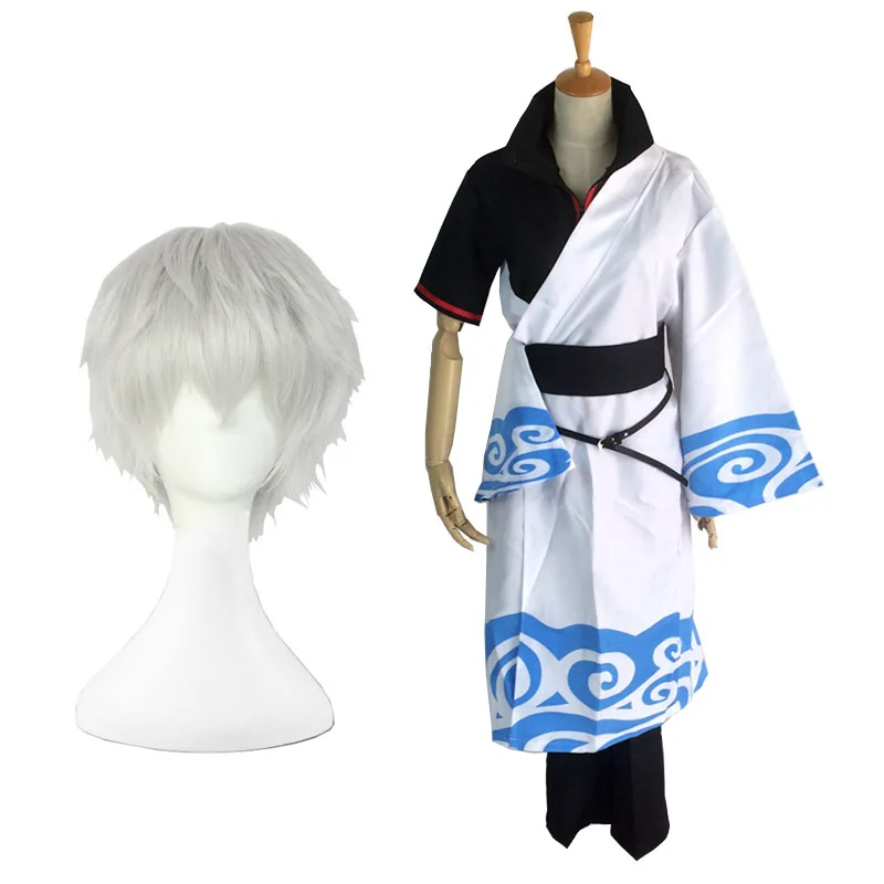 Coshome Gintama Sakata Gintoki Cosplay Costumes Halloween Party Dress For Men Kimono Clothing Set With White Short Wigs  (1)