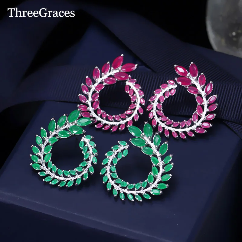 ThreeGraces, роскошный бренд, серьги-гвоздики, серебряный цвет, большой круг, зеленый, красный, Оливковый лист, женская мода, кубический цирконий, ювелирное изделие, ER172