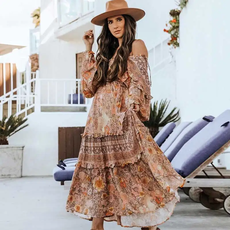 

BOHO INSPIRED frill long sleeve women dress floral print V-neck spring summer dresses 2019 gypsy chic women holiday maxi dress