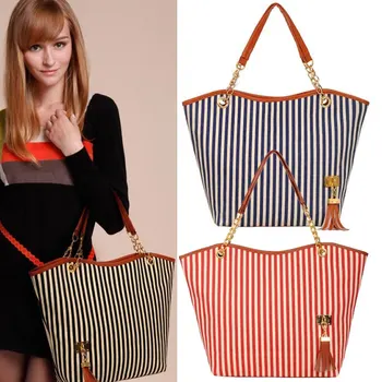 

2019 New Women Bags Handbag Fashion Casual Vertical Striped Double Handle Tassel Large Canvas Shoulder Bag FA$B Women bag