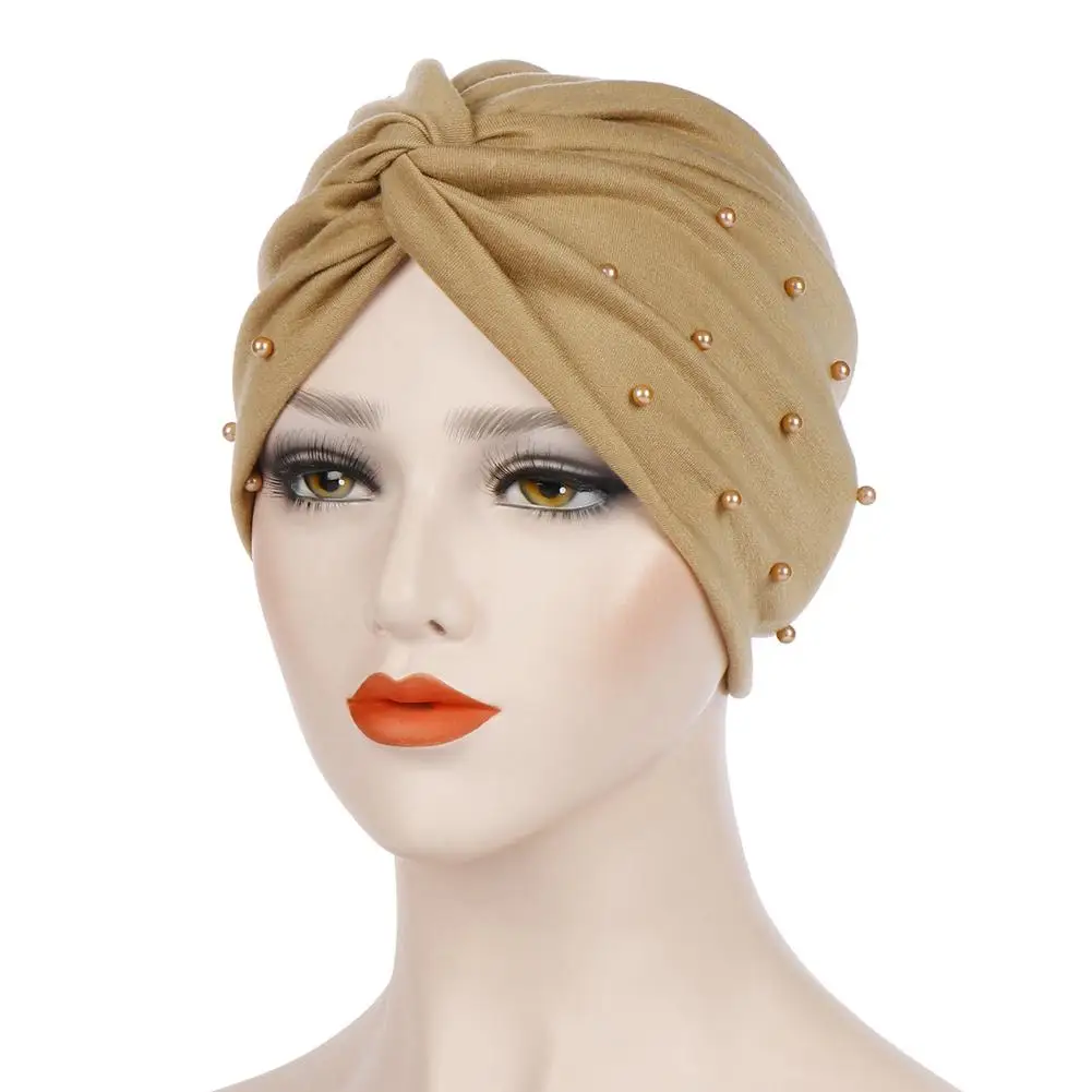 

New Fashion Vintage Women Beads Muslim Cross Pleat Turban Hat Solid Color Cap Hijab Headwrap