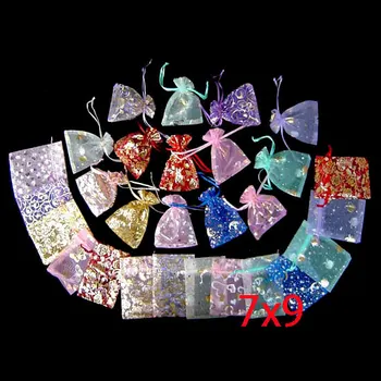 

100 Random Mixed Bronzing Drawable Organza Wedding Gift Bags&Pouches 7x9cm(W00468 X 1)