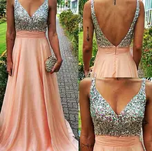 2016 Sequins Prom font b Dresses b font A Line Chiffon Sexy Deep V Neck Backless