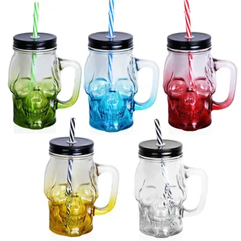 

5 Color Skull Mason Jar with Straw Lid Handle Creative Skull Head Drinkware Glassware Beer Juice Milk Drinking Glass Mug 500ML