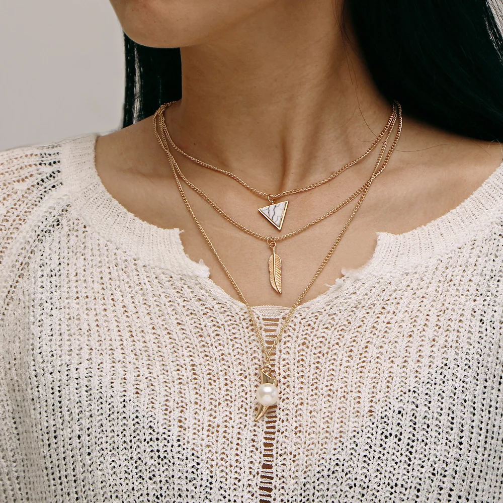 

Vintage Multilayer Long Pendant Necklaces For Women Simulated Pearl Feather Triangular Choker Necklace Statement Jewelry