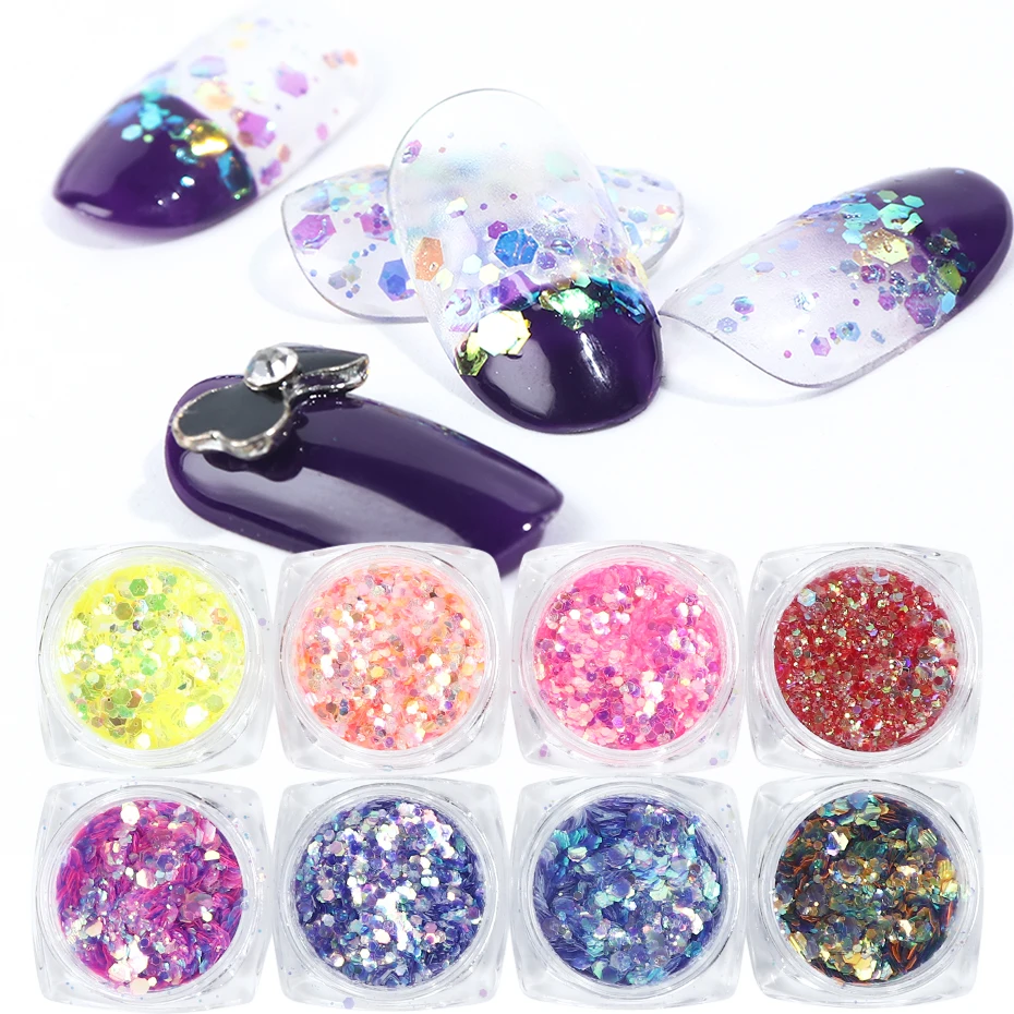

8Box Nail Glitter Sequins Colorful Mermaid Flake Hexagon Holographic Spangles Paillette Slice Polish Manicure Set Tool BE1506-03