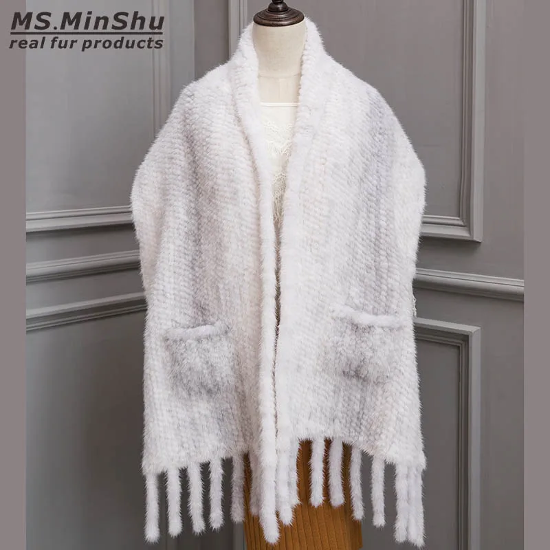 

MS.minshu Big Size Wraps Natural Women Mink Fur Shawl Hand Knitted Fashion Poncho Luxury Fur Shawl FemaleReal Mink Fur Scarf