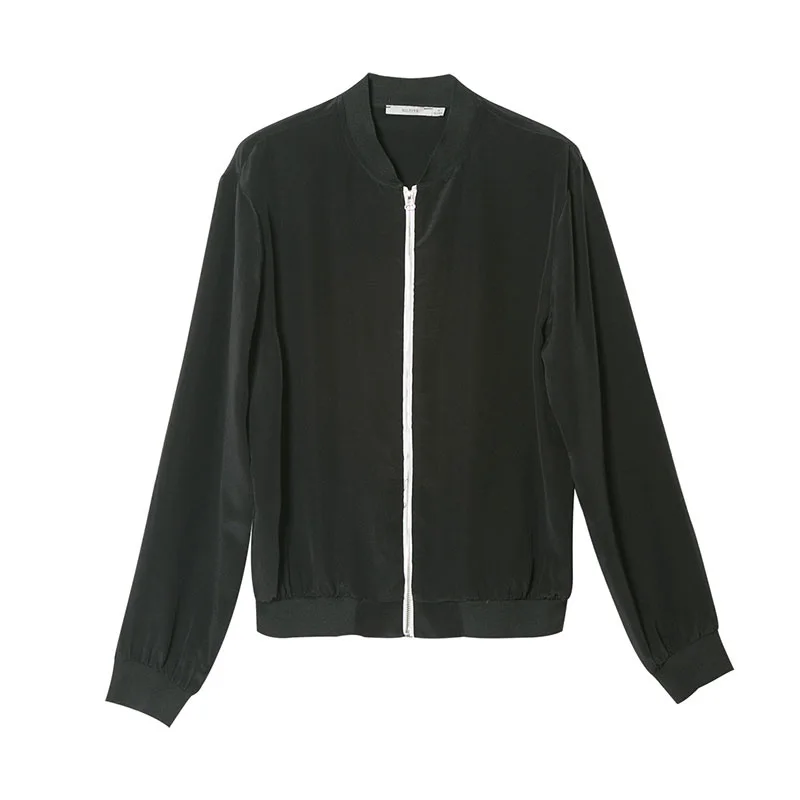 Женская шелковая куртка, натуральный шелк, на молнии, верхняя одежда, черное пальто с длинными рукавами, куртки,, осень, зима, Jaqueta feminina, новинка