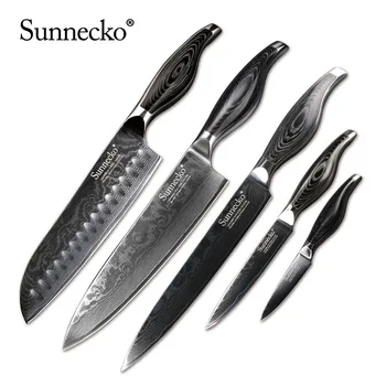 

Sunnecko Damascus Steel Knives Sets Gift Cook Chef Meat Cleaver Utility Bread Santoku Paring Cleaver Slicing Kitchen Knife Set