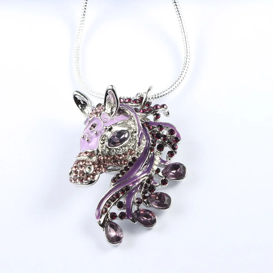 purple Jaymaxi 3D подвеска в виде лошади Серебряная цветная змеиная цепь 24 дюйма синий фиолетовый черный Стразы ожерелье подарок для девочек - Окраска металла: purple