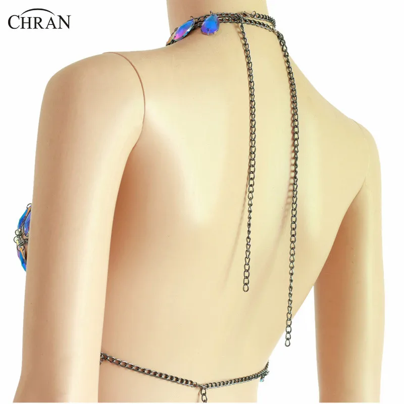 Chran  Sexy Mesh Halter Harness Chain Bra Bikini Sequin Body Chain Jewelry Festival Cosplay Wear