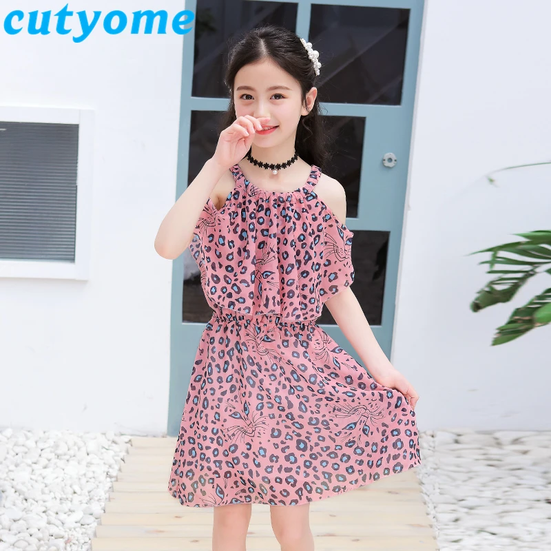 Cutyome Leopard Kids Dresses For Girls 2019 Summer Fashion Off Shoulder Chiffon Party Dress Teenage Girls Beach Sundress 9 13 14