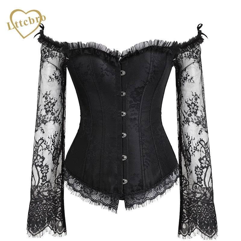 Lace Corset Top Overbust Lace up Back Corset With Shoulder Sleeve Retro in Bustiers & Corsets