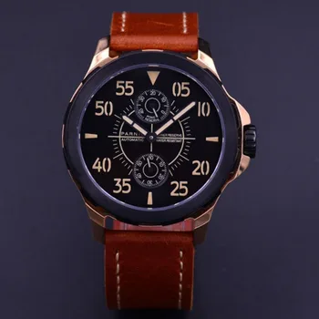 

44mm Parnis black dial steel case Sapphire glass ST2542 Automatic mechanical Watch men Leather Strap