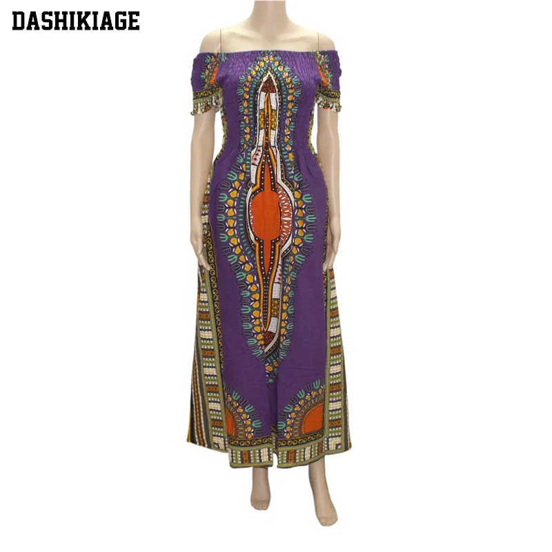 

Dashikiage Off Shoulder Vintage Dashiki Long Dress Petal Sleeve Slash Neck African Print Maxi Dresses - two wearing styles