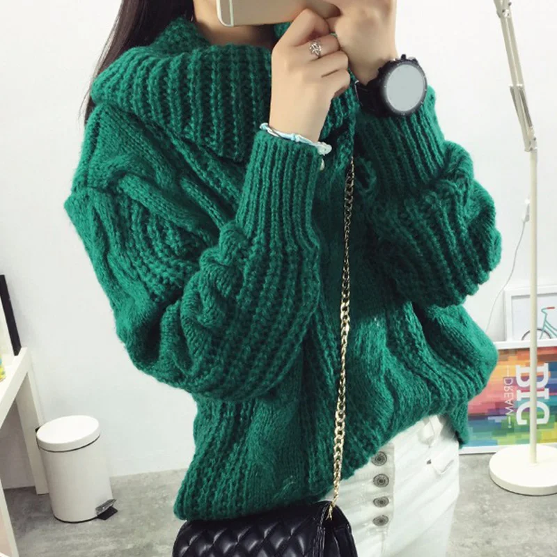 

Women's Vintage Turtleneck Hemp Flowers Sweater Loose Pullovers Thick Knitted Warm Woman Jumpers 2019 Autumn Winter Female Tops