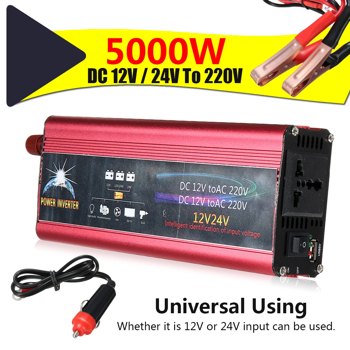 

Power Inverter P EAK 5000W DC12/24V To 220V Voltage Transformer Car Charger Converter Modified Sine Wave Intelligent Protection