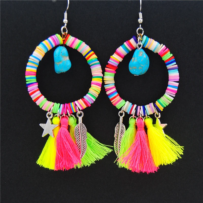 1pair boho Jewelry Boho Earrings Candy rainbow Color blue Beads Tassel Drop Ethnic Brincos E1089 | Украшения и аксессуары