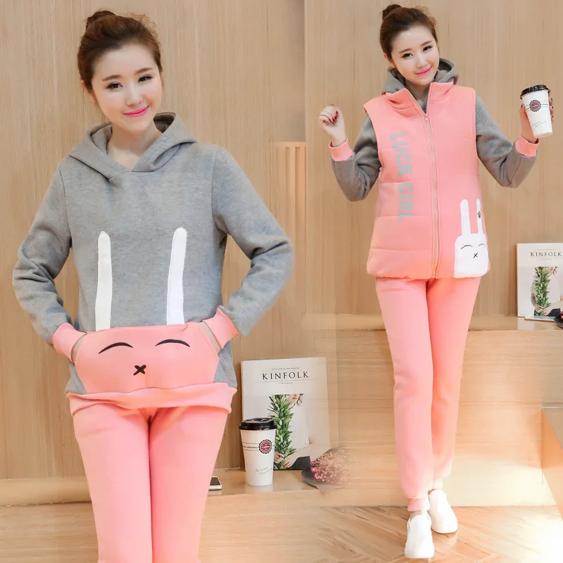 

Maternity Wear Autumn Winter Thick Warm Hooded Jacket & Coat + Sweater + Pants Sports Suit Hooded Jacket Pregnant Women Coat