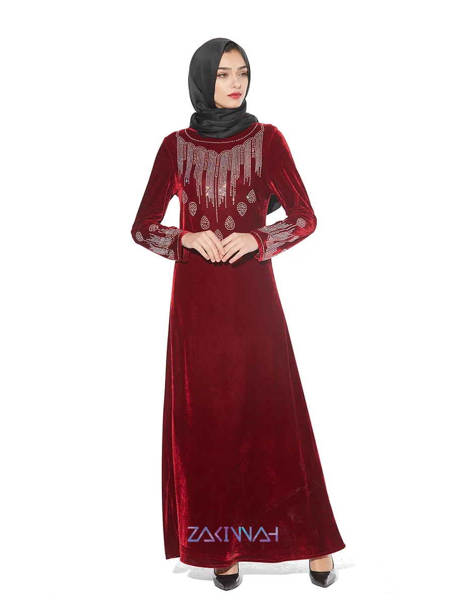 Весенне-осеннее бархатное мусульманское платье с бриллиантами модное вечернее платье с длинными рукавами и круглым вырезом элегантное