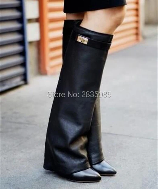 

Autumn Winter Shoes Woman Leather/ Suede Botas Mujer Buckle Strap Fold Over Wedge Booties Pointed Toe Shark Lock Knee High Boots