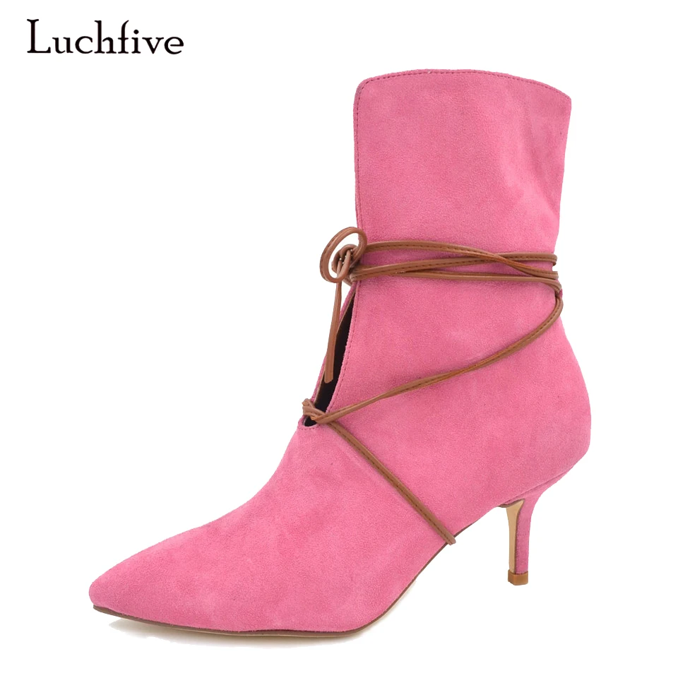 

Luchfive Sweet girls Pink Suede Fashion Ankle Boots Women Pointed toe lace up Thin High Heels Stilettos Winter boots
