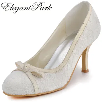 

Woman Shoes Ivory EL-029 White Closed Toe Bow High Heel Lace Ladies Wedding Bridal Pumps Women's wedding Shoes