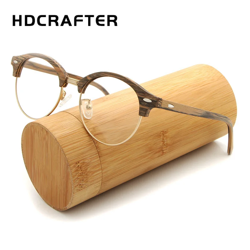 

HDCRAFTER Men Women Glasses frame Vintage Round Wooden Myopia Spectacle Glasses Frames with Clear Lens Computer Reading Glass