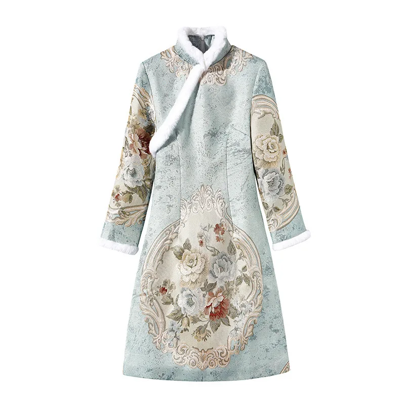 Китайское женское традиционное китайское зимнее теплое платье Cheongsam из кроличьей шерсти жаккардовое теплое тонкое модифицированное Qipao