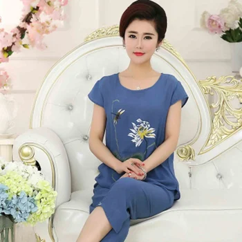 

Women's Pajamas Set Plus Size Home Clothes Sleep Suit Print Short-sleeved Mother's Casual Ladies Calf-length Pants Summer Linen