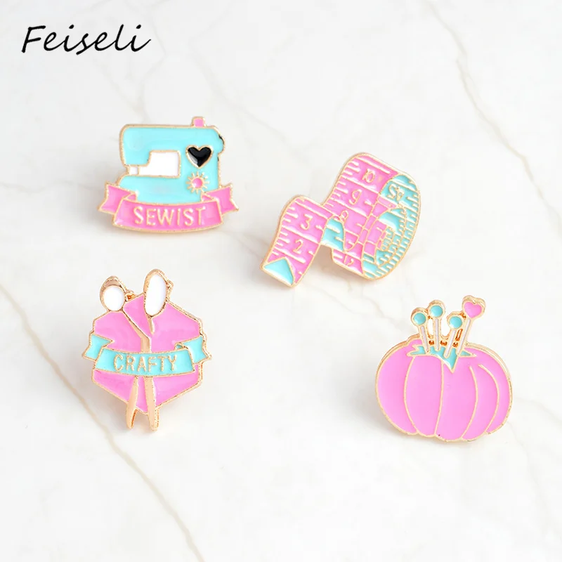 

Feiseli Pumpkin Scissors Sewist Lettering Ruler Brooch For Women Colorful Enamel Denim Garment Collar Corsage Pink Brooch Badge