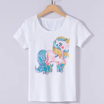

Europe New 2020 Summer Women's Fashion Loose Oversize Horse Rhinestone Handmade Cotton T Shirt Tops Ladies Beading Shirts Tees