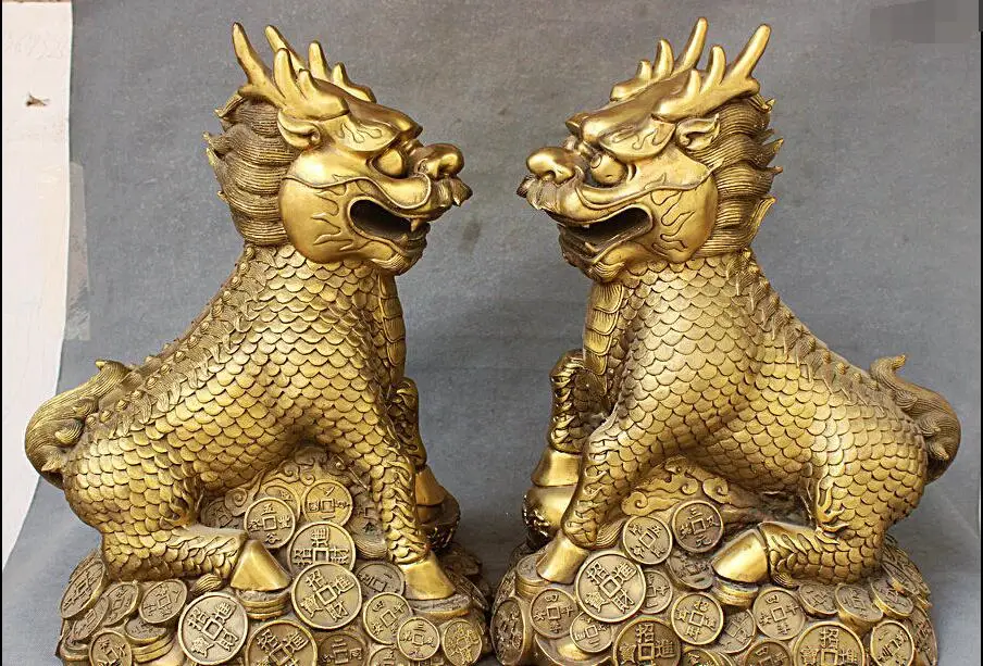 

free China Feng Shui Brass Wealth Coin Dragon Beast Kylin Chi-lin Unicorn Statue Pair fast