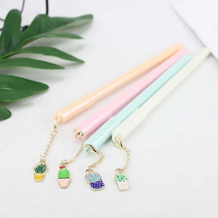 4 pcs/lot Colorful Metal Cactus Pendant Gel Pen Signature Pen Escolar Papelaria School Office Supply Promotional Gift