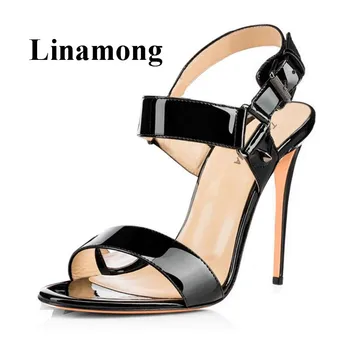 

Summer Simple Fashion Sexy Thin High Heel Buckle Strap Solid Patent Leather Ladies Shoes Four Color Women Sandals Normal Size