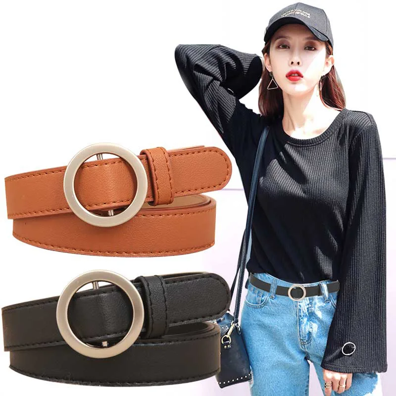 

1pc Circle Pin Buckles Belt Female Deduction Side Gold Buckle Jeans Fashion Simple PU Wild Belts for Students Girls Women